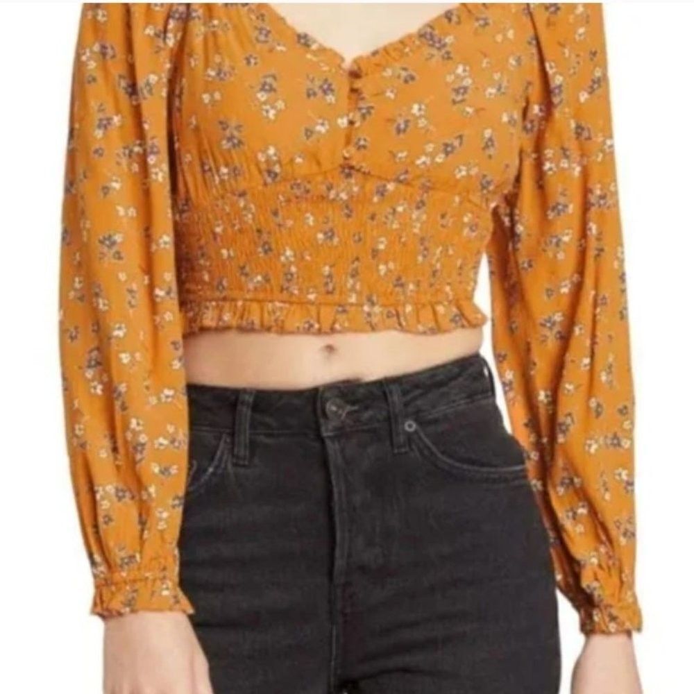 NWT Elodie Cropped Floral Top size Medium Orange Ruffle Long Sleeve Boho Blouse